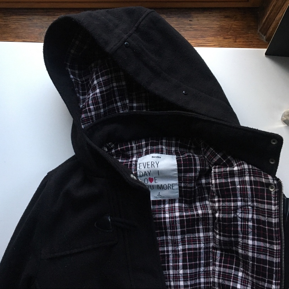 Black hooded coat with buttons